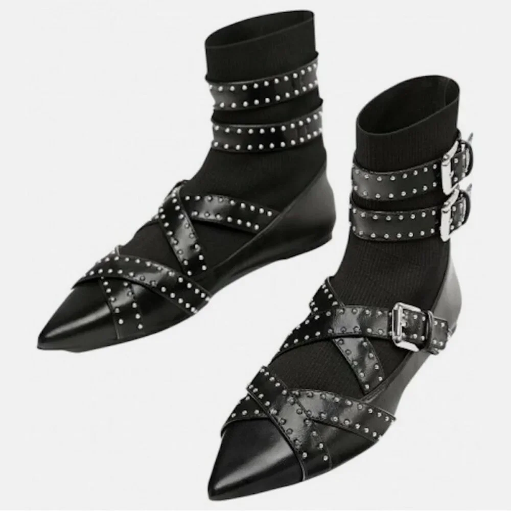 NWOB Zara Flat Vegan Buckled Studded Sock Ankle Boot
